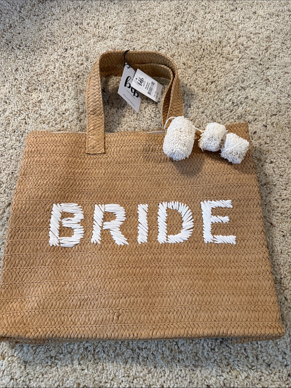BRIDE Straw Tote Bag in Tan with White Lettering